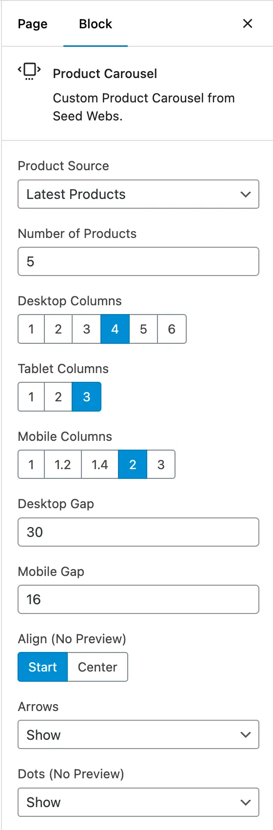 Product Carousel setting