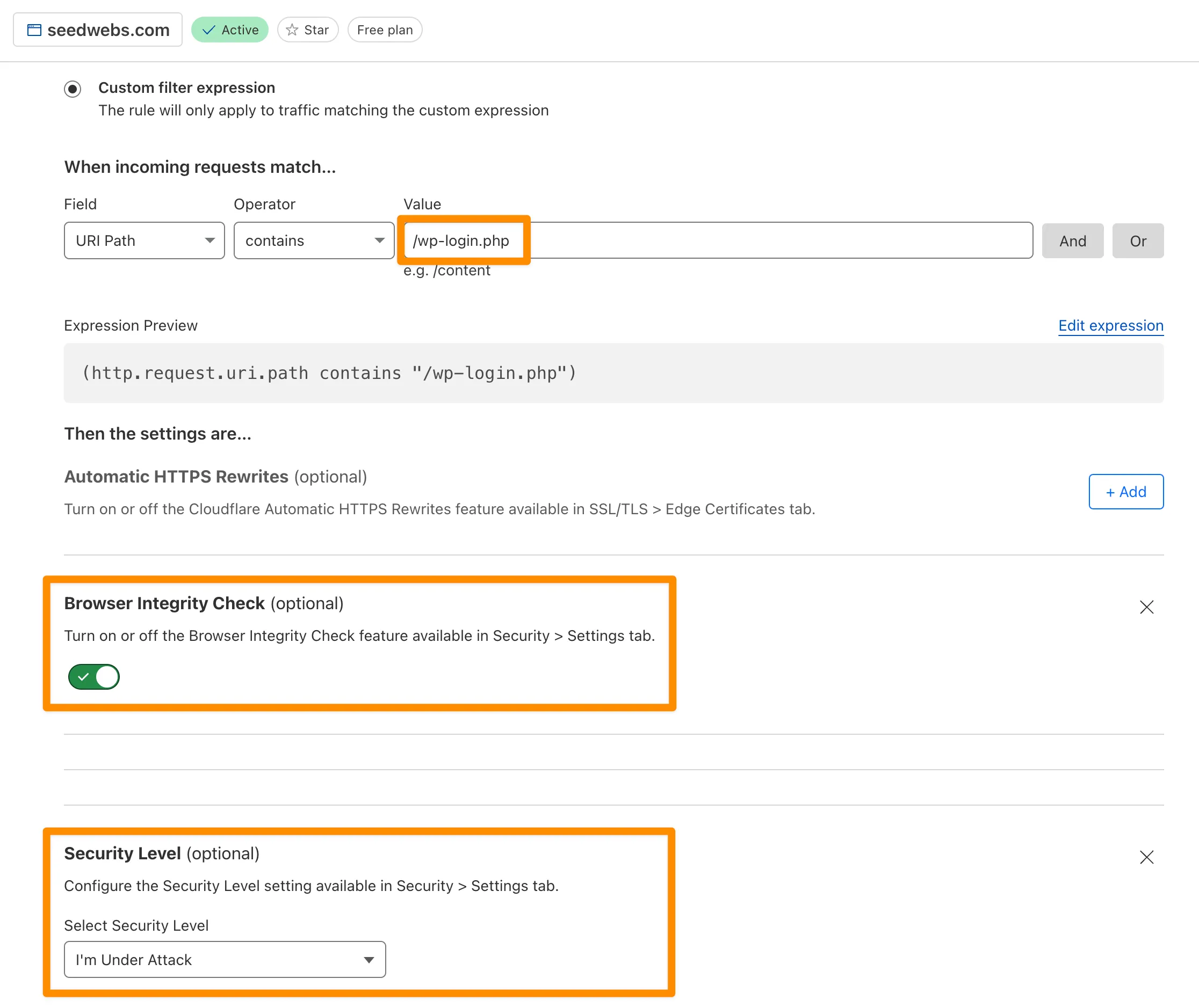 Cloudflare Configuration Rules for WordPress Login